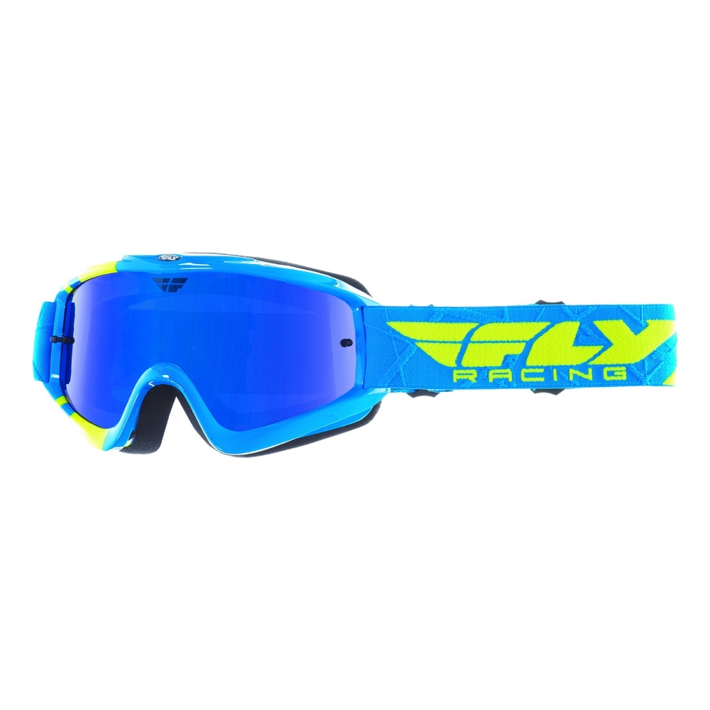Fly Racing RS Zone modré/žlté fluo, zrkadlové/modré plexi s čapmi pre trhačky